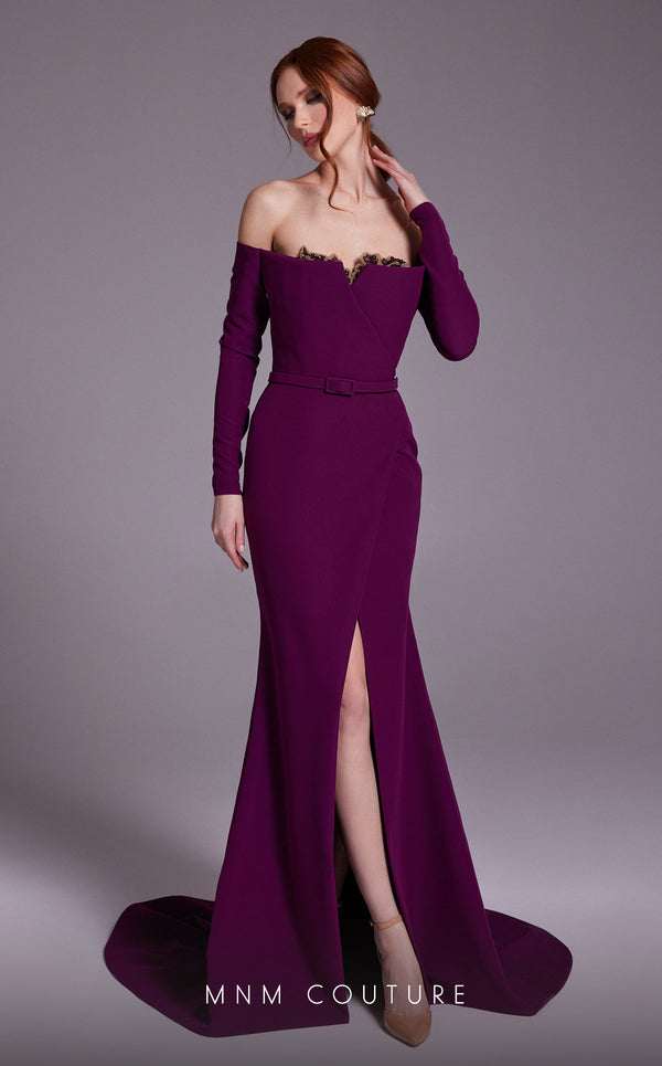 MNM Couture N0541 off-shoulder gown with corset and slit. | Couture Shop LA