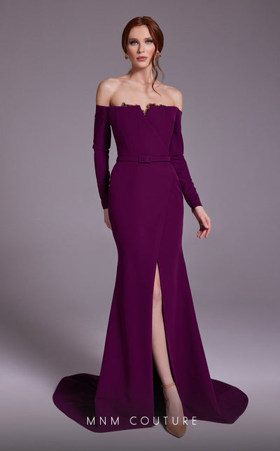 MNM Couture N0541 off-shoulder gown with corset and slit. | Couture Shop LA