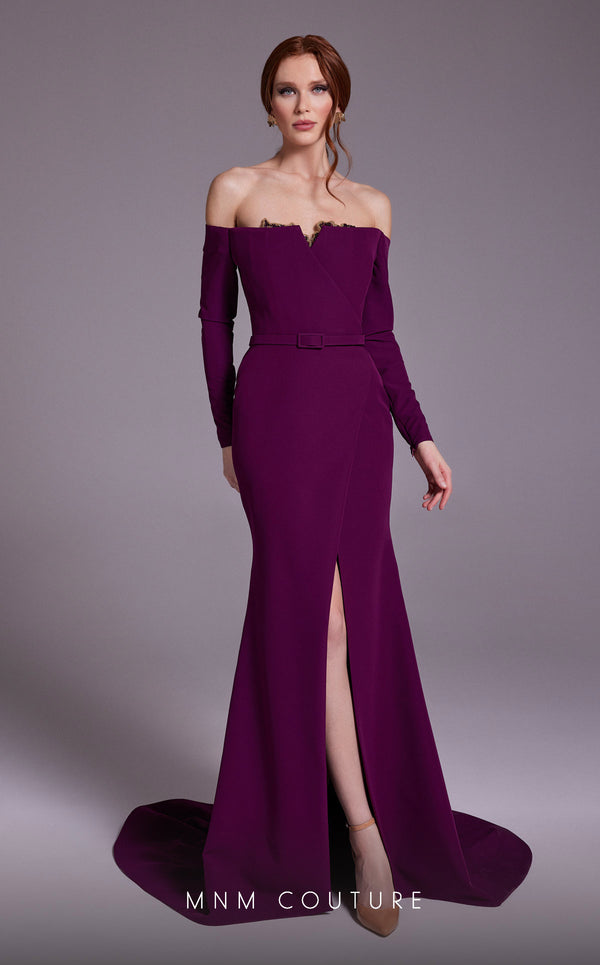 MNM Couture N0541 off-shoulder gown with corset and slit. | Couture Shop LA