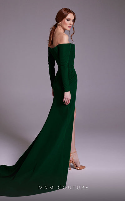 MNM Couture N0541 off-shoulder gown with corset and slit. | Couture Shop LA