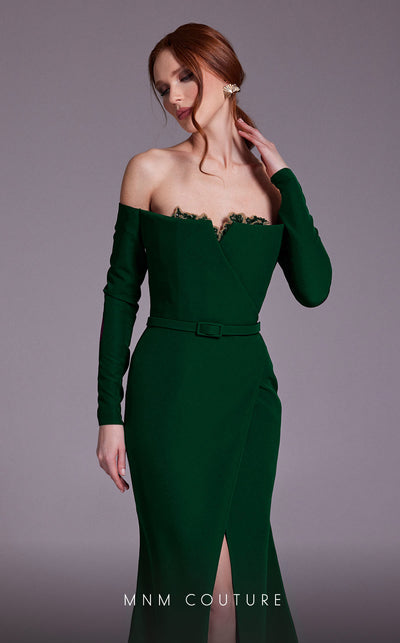 MNM Couture N0541 off-shoulder gown with corset and slit. | Couture Shop LA
