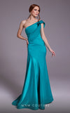 MNM Couture N0543 strapless satin silk mermaid gown with drape accent and tonal belt.