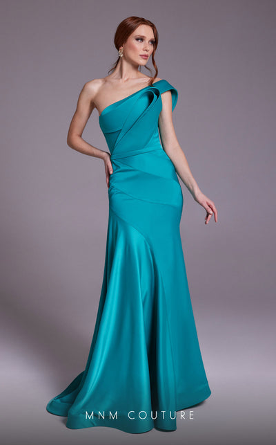 MNM Couture N0543 strapless satin silk mermaid gown with drape accent and tonal belt.