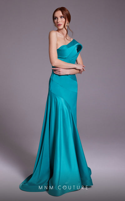 MNM Couture N0543 strapless satin silk mermaid gown with drape accent and tonal belt.