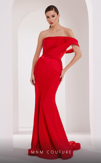 MNM Couture N0543 strapless satin silk mermaid gown with drape accent and tonal belt.