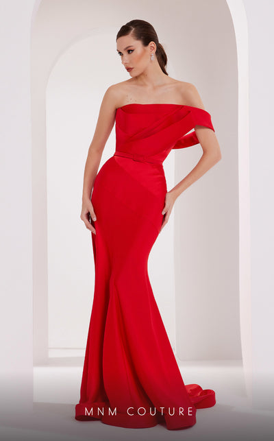 MNM Couture N0543 strapless satin silk mermaid gown with drape accent and tonal belt.