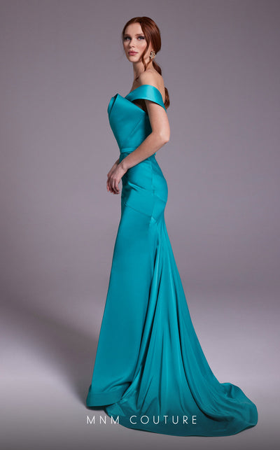 MNM Couture N0543 strapless satin silk mermaid gown with drape accent and tonal belt.