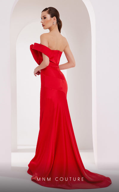 MNM Couture N0543 strapless satin silk mermaid gown with drape accent and tonal belt.