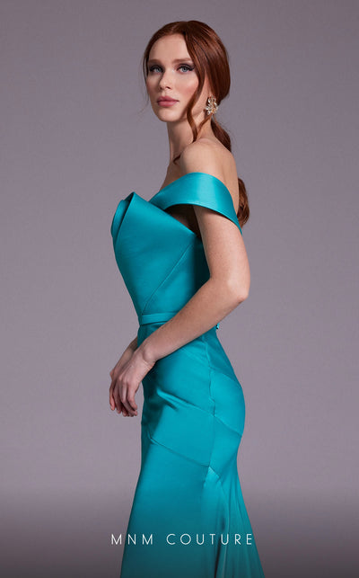 MNM Couture N0543 strapless satin silk mermaid gown with drape accent and tonal belt.