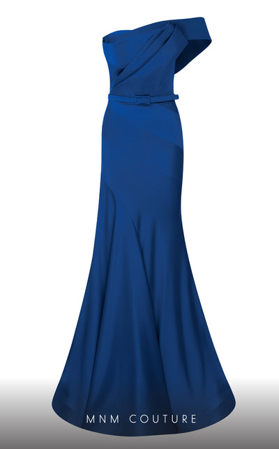 MNM Couture N0543 strapless satin silk mermaid gown with drape accent and tonal belt.