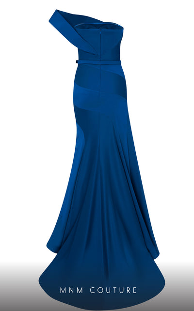 MNM Couture N0543 strapless satin silk mermaid gown with drape accent and tonal belt.