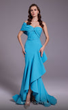 MNM Couture N0546 strapless high-low mermaid gown with ruffles and asymmetrical hem.