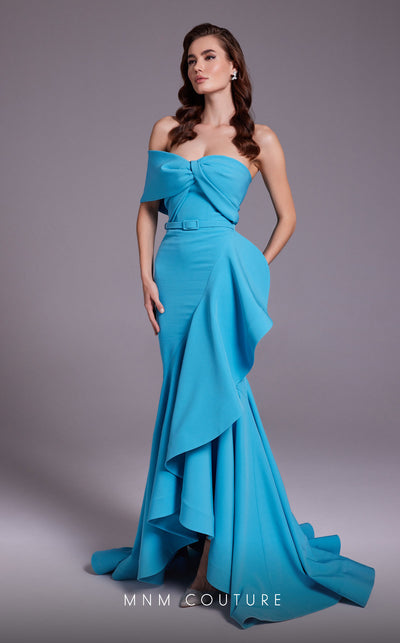 MNM Couture N0546 strapless high-low mermaid gown with ruffles and asymmetrical hem. | Couture Shop LA