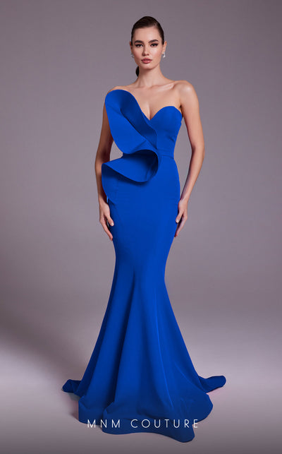 MNM Couture N0548 strapless mermaid gown with drape accent bodice and horsehair hem. | Couture Shop LA