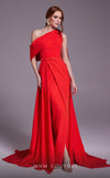 MNM Couture N0551 sheath gown with one-shoulder design, front slit, and flowing overskirt.