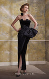 MNM Couture N0558 black velvet column gown with asymmetric neckline and bow waist | Couture Shop LA