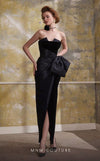 MNM Couture N0558 black velvet column gown with asymmetric neckline and bow waist | Couture Shop LA
