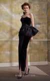 MNM Couture N0558 black velvet column gown with asymmetric neckline and bow waist | Couture Shop LA