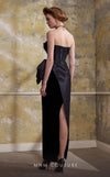 MNM Couture N0558 black velvet column gown with asymmetric neckline and bow waist | Couture Shop LA