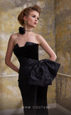 MNM Couture N0558 black velvet column gown with asymmetric neckline and bow waist | Couture Shop LA