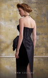 MNM Couture N0558 black velvet column gown with asymmetric neckline and bow waist | Couture Shop LA