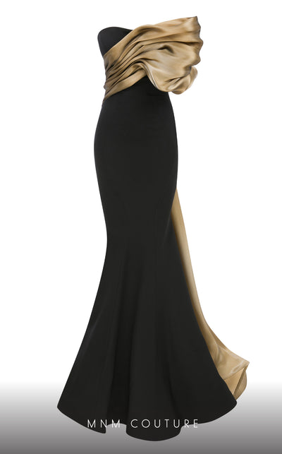 MNM Couture N0559 sleeveless column gown with organza pleating. | Couture Shop LA