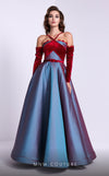 MNM Couture N0560 halter A-line gown with detachable sleeves and scalloped lace trim.