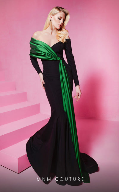MNM Couture N0561 off-shoulder mermaid gown with draped bust. | Couture Shop LA