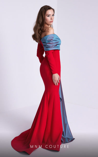 MNM Couture N0561 off-shoulder mermaid gown with draped bust. | Couture Shop LA
