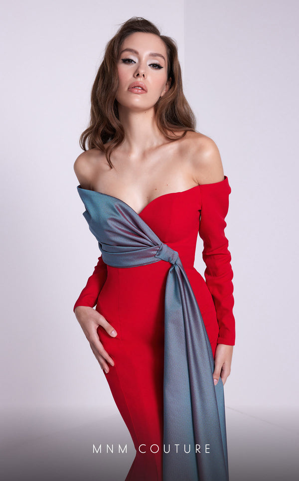 MNM Couture N0561 off-shoulder mermaid gown with draped bust. | Couture Shop LA