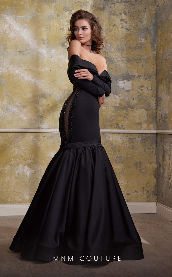 MNM Couture N0563 black mermaid gown with tassel details and draped bust | Couture Shop LA