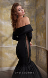 MNM Couture N0563 black mermaid gown with tassel details and draped bust | Couture Shop LA