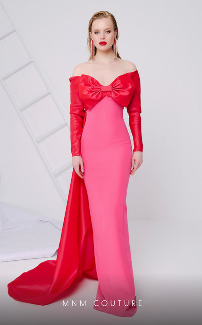 MNM Couture N0565A sweetheart column gown with cape and bow. | Couture Shop LA