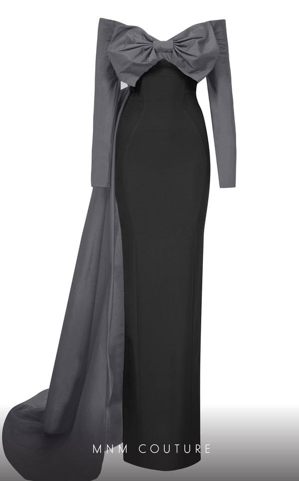 MNM Couture N0565A sweetheart column gown with cape and bow. | Couture Shop LA