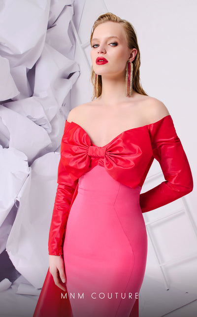 MNM Couture N0565A sweetheart column gown with cape and bow. | Couture Shop LA