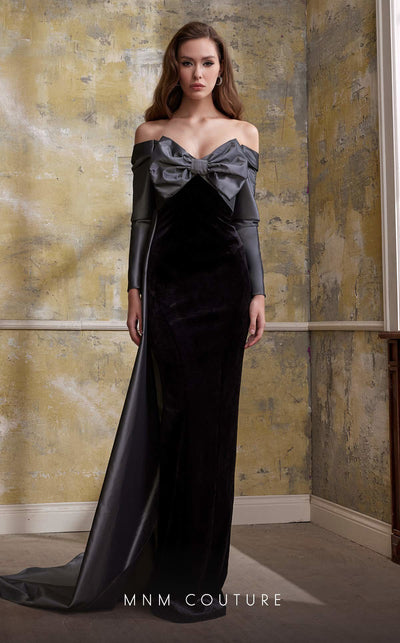 MNM Couture N0565 black velvet gown with draped bust and Roman-style skirt | Couture Shop LA