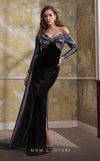 MNM Couture N0565 black velvet gown with draped bust and Roman-style skirt | Couture Shop LA