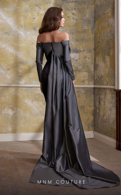 MNM Couture N0565 black velvet gown with draped bust and Roman-style skirt | Couture Shop LA