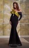 MNM Couture N0566 mermaid gown with pleated organza and train.