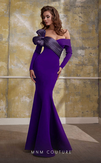 MNM Couture N0566 mermaid gown with pleated organza and train. | Couture Shop LA