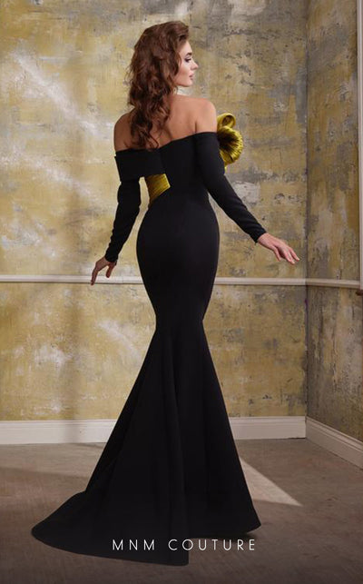 MNM Couture N0566 mermaid gown with pleated organza and train. | Couture Shop LA