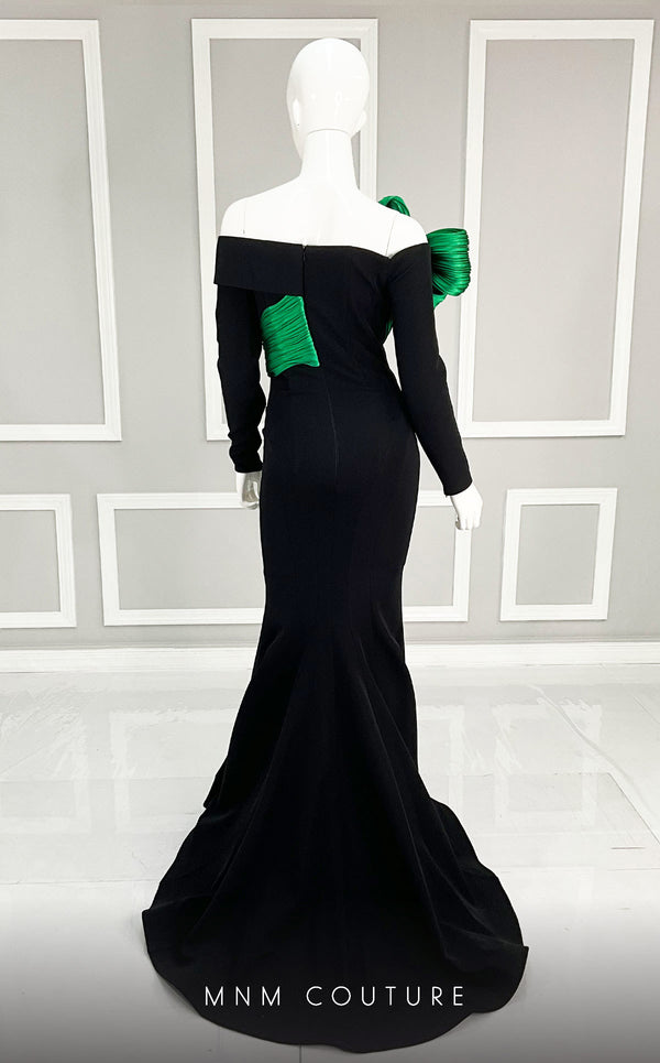 MNM Couture N0566 mermaid gown with pleated organza and train. | Couture Shop LA