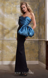 MNM Couture N0568 asymmetrical off-shoulder gown with draped detailing.