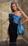 MNM Couture N0568 asymmetrical off-shoulder gown with draped detailing. | Couture Shop LA
