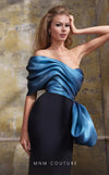 MNM Couture N0568 asymmetrical off-shoulder gown with draped detailing. | Couture Shop LA