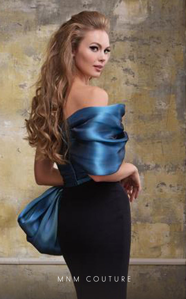 MNM Couture N0568 asymmetrical off-shoulder gown with draped detailing. | Couture Shop LA