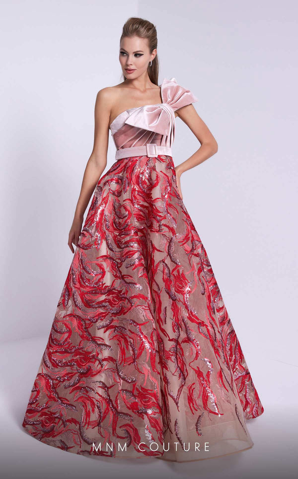 MNM Couture N0576 one-shoulder flared gown with embroidered papillon. | Couture Shop LA