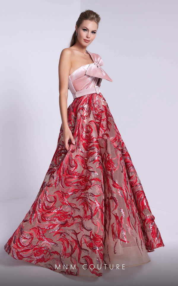 MNM Couture N0576 one-shoulder flared gown with embroidered papillon. | Couture Shop LA