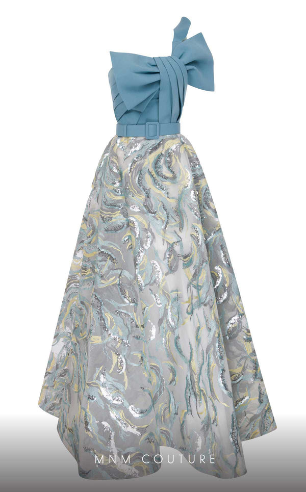 MNM Couture N0576 one-shoulder flared gown with embroidered papillon. | Couture Shop LA