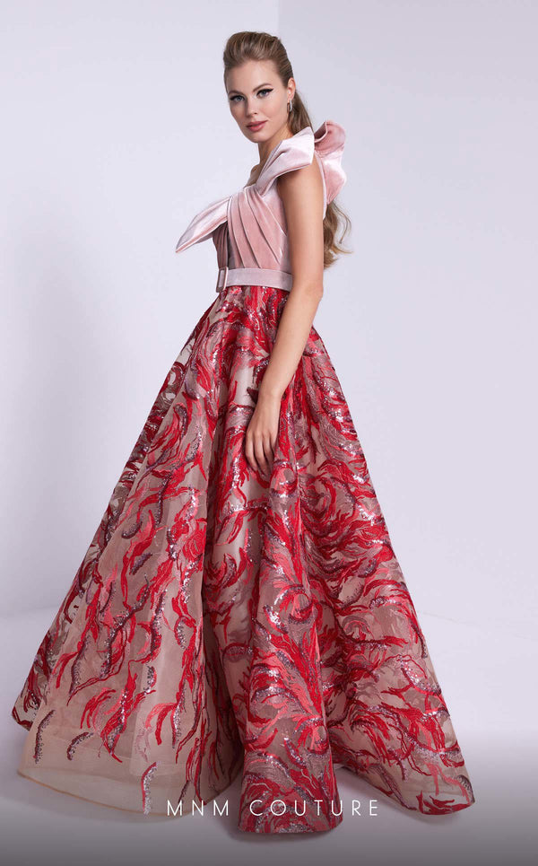 MNM Couture N0576 one-shoulder flared gown with embroidered papillon. | Couture Shop LA